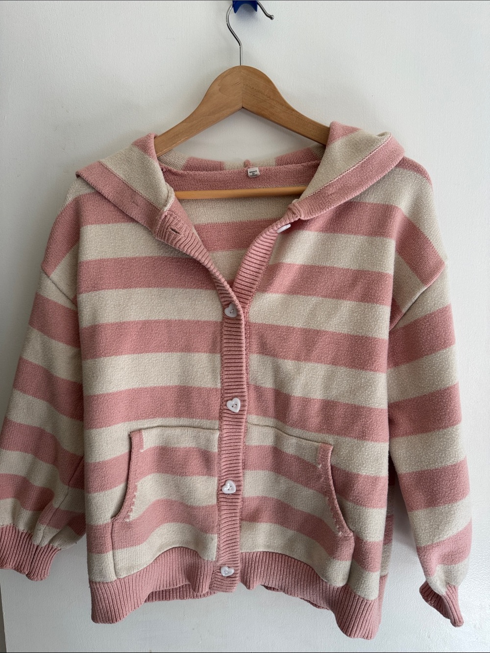 Kawaii Striped Pink and Cream Hooded Button-Front Sweater